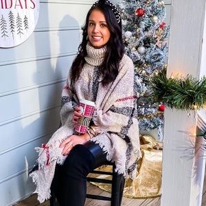 women poncho plaids cowl neck oversized tunic assymetrical fringe hem